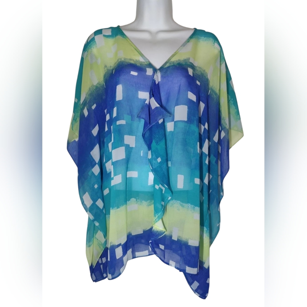 Chico's Blue Yellow Geometric Semi-Sheer Kimono Coverup W Ruffle Front S/M